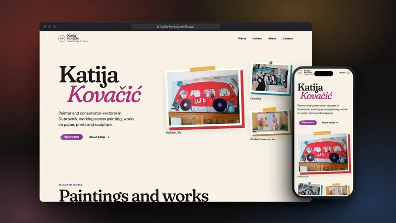 The Katija Kovačić home page on a laptop and a phone: her name in black and magenta beside a wall of three paintings, the red bus of Red Bus Life largest.