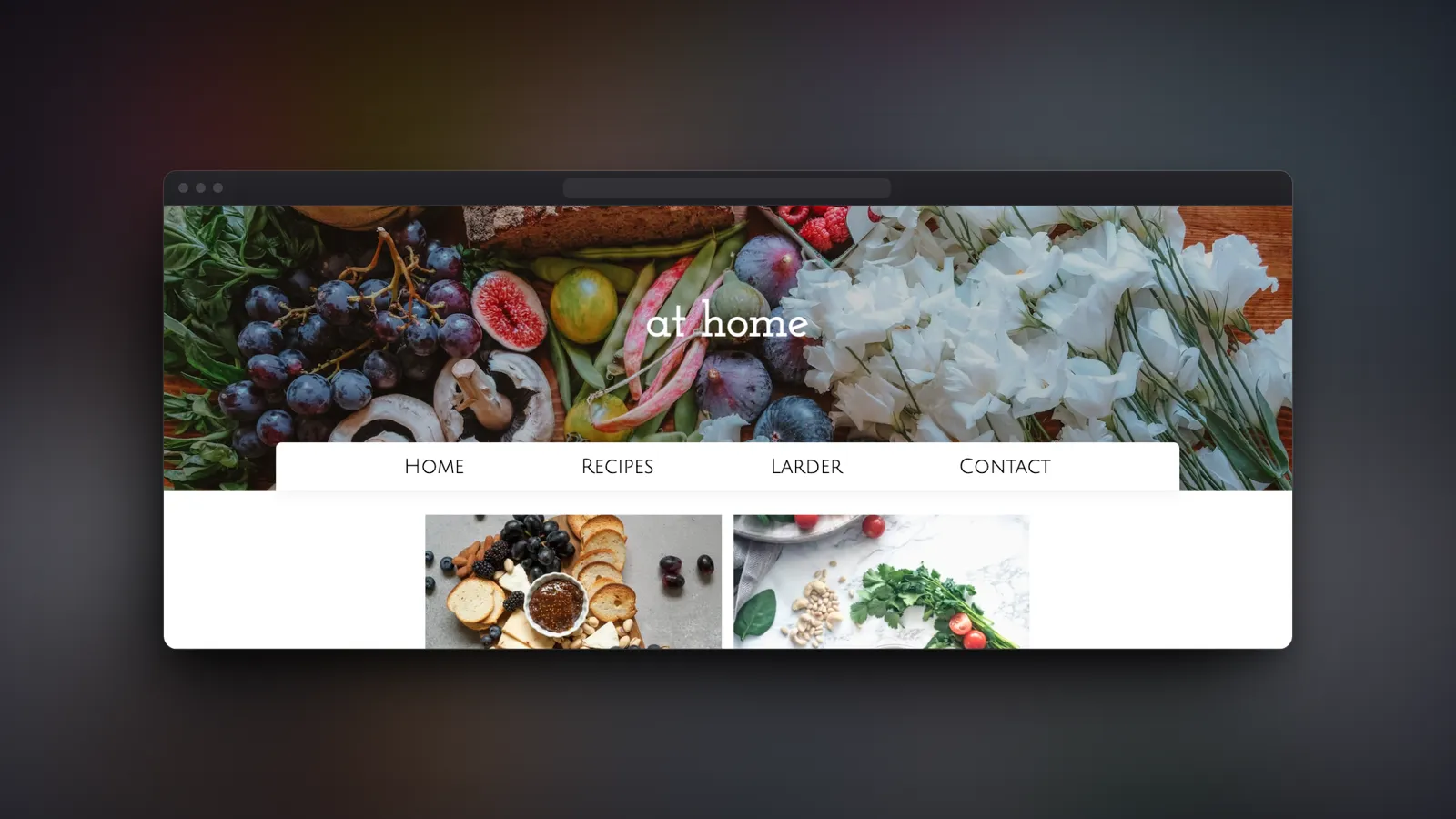 The Renata's Kitchen website in a browser: figs, grapes and flowers behind the 'at home' heading, a recipe navigation bar and food photo tiles.
