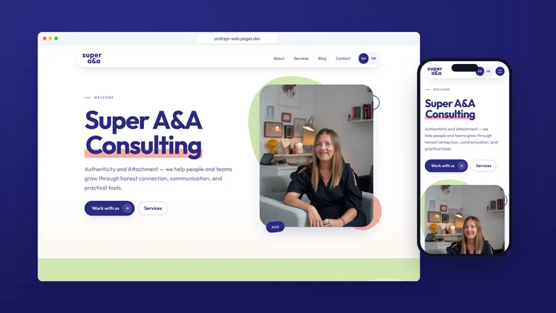 The Super A&A Consulting home page on a laptop and a phone: the headline beside a portrait of the coach in her office.